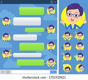 A set of men with expresses various emotions on the SNS screen.There are variations of emotions such as joy and sadness.It's vector art so it's easy to edit.