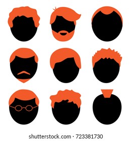 Set of men face, black and orange colors. Vector illustration