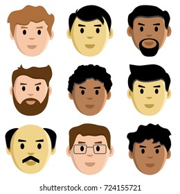 Set of men face icons isolated on white background. Vector illustration