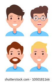 Set of men faces, character constructor different hairstyles, accessories glasses, beard and moustache, positive and frustrated male emotions vector