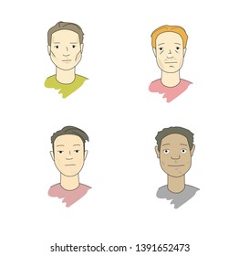 Set of men faces with different racial traits (african, european,asian, indigen). Vector line illustration. Cartoon  drawing style. Isolated on white background. Pastel colors.