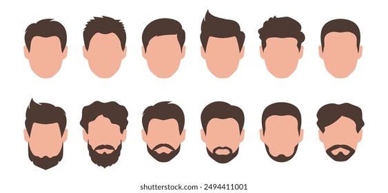 Set of men faces with different style of haircut, beards and moustache. Vector illustration