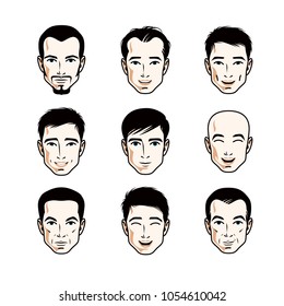 Set of men faces, human heads. Different vector characters like brunet, bald, with whiskers or bearded, handsome males.