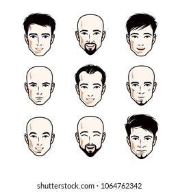 Set of men faces, human heads. Different vector characters like brunet, bald, with whiskers or bearded, handsome males.