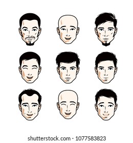 Set of men faces, human heads. Different vector characters like brunet, bald, with whiskers or bearded, handsome males.