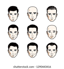 Set of men faces, human heads. Different vector characters like brunet, bald, with whiskers or bearded, handsome males.