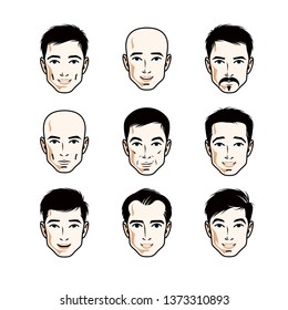 Set of men faces, human heads. Different vector characters like brunet, bald, with whiskers or bearded, handsome males.