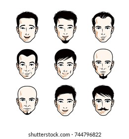 Set of men faces, human heads. Different vector characters like brunet, bald, with whiskers or bearded, handsome males.