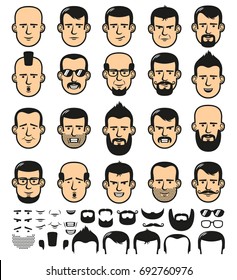 Un conjunto de hombres se enfrenta a la plantilla con diferentes barbas, bigotes y cortes de pelo. Ilustración del vector