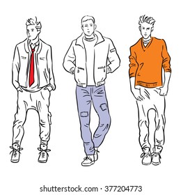 Set of men fashion models in the spring clothes.