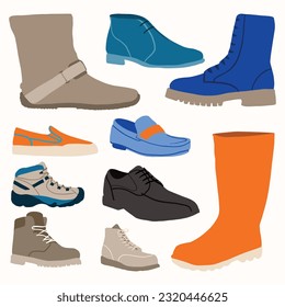 Set of Men Footwear and Shoes Type Cute Hand Drawn Illustration