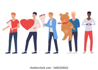 Set of men going to date. Guys holding heart, flowers, teddy bear. Love concept. Vector illustration can be used for topics like love day or romance