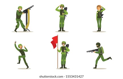 Set of men in green uniform. Vector illustration.
