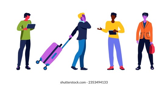 A set of men and guys with a tablet, briefcase, suitcase, laptop. Diversity. Collection of flat isolated characters. Colorful vector illustration.