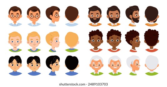 Set of men heads. Images for users avatar in social networks. Communication online. Different young guys profiles in messengers. Flat vector collection isolated on white background