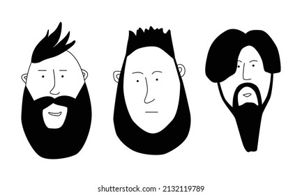 Set of men, hipsters with hairstyles and beards. Silhouettes, emblems, badges, labels. Vector illustration in doodle style.