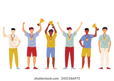 Set of men hold the winners cups. Vector illustration