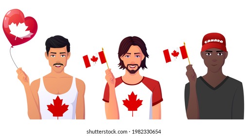 Conjunto de hombres con bandera de Canadá y ropa roja y blanca. Grupo multicultural de personas usando sombrero del día de Canadá.