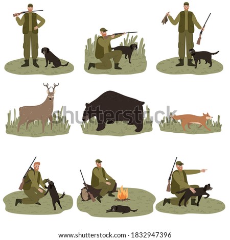Set of men hunters in dark green costume hunting with dog on nature