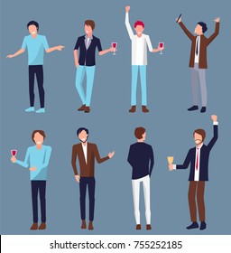 Set of men icons partying and holding glasses with alcoholic drink in their hands, people dressed in suits vector illustration isolated on blue