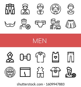 Set of men icons. Such as Pant, Moustache, Taxi driver, Basketball player, Baseball player, Underwear, Woman, Football player, Skirt, Weightlifting, Underpants, Polo shirt , men icons