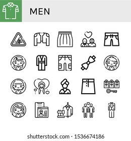 Set of men icons. Such as Polo shirt, Loose gravel, Coat, Skirt, Gay, Swimming trunks, Woman, Shorts, Bow tie, Account, User, Suit, Tuxedo , men icons