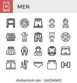 Set of men icons. Such as Tank top, Sweatshirt, Woman, Short, Basketball player, Users, Neoprene, Pant, Toilet, Skirt, Gay, Ranger, Shorts, Razor, Underwear, Weightlifting , men icons