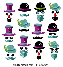 Set of men images with hats, glasses, mustaches and beards. Flat style vector illustration.