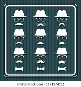 Set of men images with hats and mustaches. Vector illustration,.