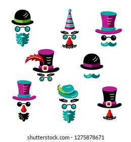 Set of men images with hats, mustaches and beards. Flat and outline style vector illustration.