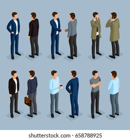 
A set of men in isometric 3d in suits and modern clothes. Businessmen in different poses, front view, rear view. Vector illustration