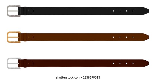 Set of men leather belts made of expensive dark leather. Men belts with metal plaques stitched and strong thread. Clothing accessories colored Vector isolated on white background svg