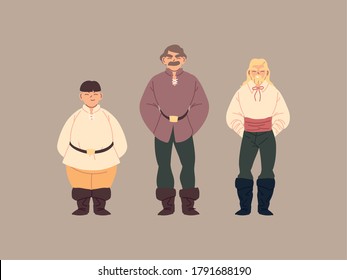 set of men medieval peasant vector illustration design