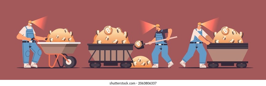 set men miners digging and extracting bitcoins in mine cave mining crypto coins digital cryptocurrency blockchain svg