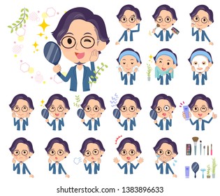A set of men on beauty.There are various actions such as skin care and makeup.It's vector art so it's easy to edit.
