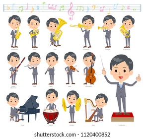 A set of men on classical music performances.There are actions to play various instruments such as string instruments and wind instruments.It's vector art so it's easy to edit.