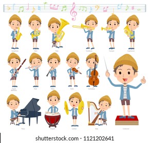 A set of men on classical music performances.There are actions to play various instruments such as string instruments and wind instruments.It's vector art so it's easy to edit.