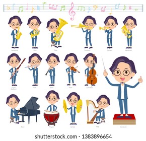 A set of men on classical music performances.There are actions to play various instruments such as string instruments and wind instruments.It's vector art so it's easy to edit.
