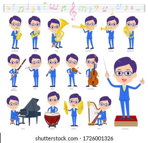 A set of men on classical music performances.There are actions to play various instruments such as string instruments and wind instruments.It's vector art so it's easy to edit.