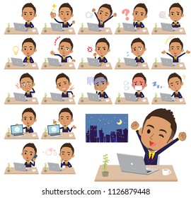 A set of men on desk work.There are various actions such as feelings and fatigue.It's vector art so it's easy to edit.