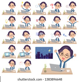 A set of men on desk work.There are various actions such as feelings and fatigue.It's vector art so it's easy to edit.

