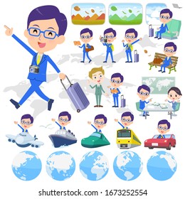 A set of men on travel.There are also vehicles such as boats and airplanes.It's vector art so it's easy to edit.