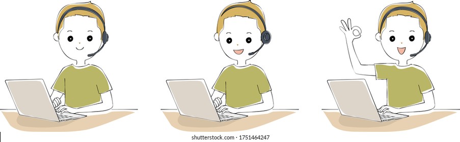 A set of men operating laptops with headsets with smiles