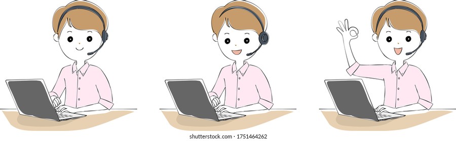 A set of men operating laptops with headsets with smiles