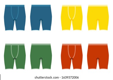 Set of men сolored Pants shorts. Underpants isolated on white background. Man underwear. Front and back views of men's underwear. Shorts. Kids clothes. Vector illustration