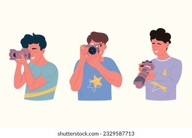 A set of men with a photo camera. A man is making a photo. World Photography Day - Powered by Shutterstock - Get 15% off with code: PIKWIZARD15