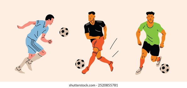 Set of men playing Football. Sportsmen hitting ball. Various positions. Isolated design elements. Cartoon flat style. Hand drawn modern Vector illustration.