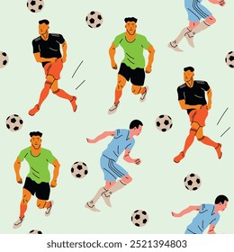 Set of men playing Football. Square seamless Pattern, background, wallpaper. Various positions. Isolated design elements. Flat style. Hand drawn modern Vector illustration.
