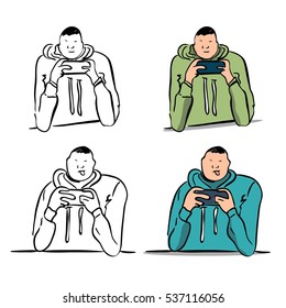 Set of  men playing game. Vector line illustration.