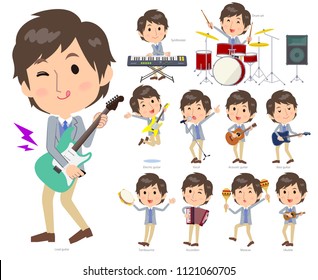 A set of men playing rock 'n' roll and pop music.There are also various instruments such as ukulele and tambourine.It's vector art so it's easy to edit.